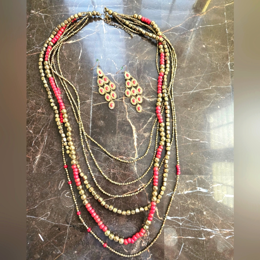 Red & Antique Gold Beaded Multistrand Necklace With Matching Layered Earrings